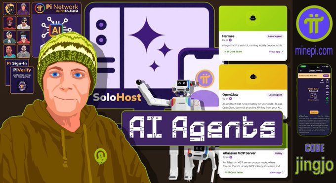 The image promotes a tutorial on Pi Network's SoloHost AI Agents, featuring a Pi Network Pioneer avatar alongside screenshots of the Hermes, OpenClaw, and Atlassian MCP Server apps, with text highlighting that "OpenClaw uses the Pi Agent SDK" and noting "Nothing is a coincidence."