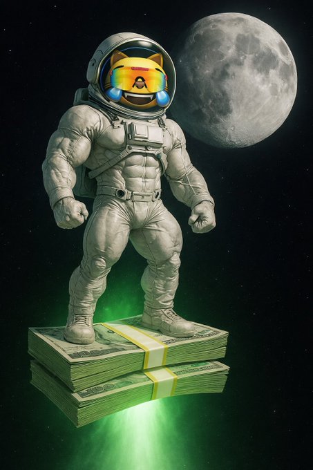 A digital illustration depicts an astronaut with a grinning yellow emoji face inside the helmet, standing in a powerful pose atop stacks of dollar bills against a backdrop of the moon and stars.