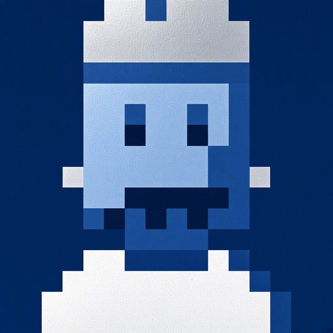 A pixel art image shows the blocky, blue-and-white face of an undead or zombie character against a dark blue background.