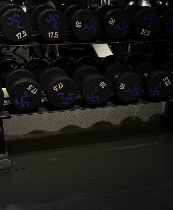 A rack of black dumbbells in a gym shows weights ranging from 17.5 to 47.5 pounds, each marked with a blue squiggly logo.