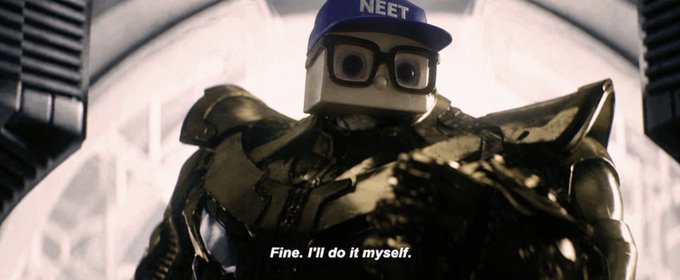 A cinematic shot of a robot character wearing a blue cap that says 'NEET' and glasses, clad in dark armor, with the subtitle 'Fine. I'll do it myself.'