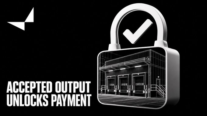 Graphic featuring a 3D padlock icon containing a wireframe warehouse with text 'ACCEPTED OUTPUT UNLOCKS PAYMENT' and a small logo.