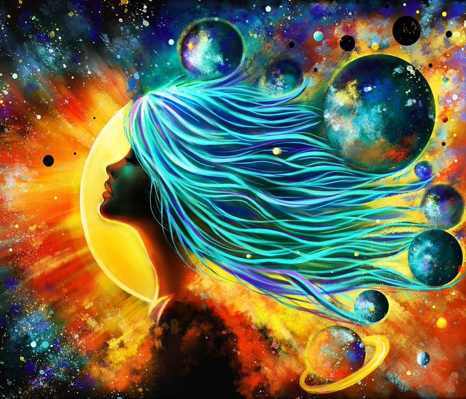 A vibrant, cosmic painting features the silhouette of a woman's face surrounded by flowing blue hair that transforms into a colorful galaxy filled with stars and planets.