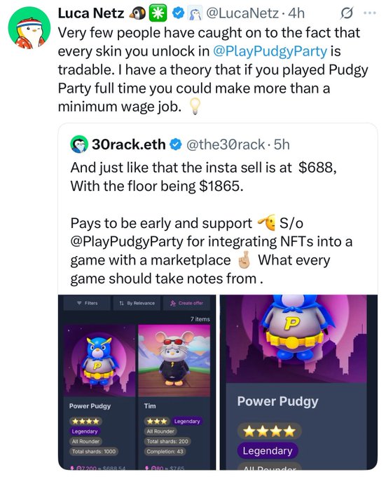 "The first item posted appears to be a screenshot of a post on social media titled 'tbh i almost bought a pudgy batman just for the culture but at the back of my mind it said nope" which seems to discuss some gameplay or discussion related to video game purchases, specifically a gaming purchase referred to as "Pudgey Puddle". The image also includes text in the form of gifs that are attached to certain elements within the post. This combination of content suggests that someone might have posted about purchasing a video game (possibly Pudgy Puddle) or sharing their thoughts on gameplay and experiences, rather than directly discussing the actual item being sold."