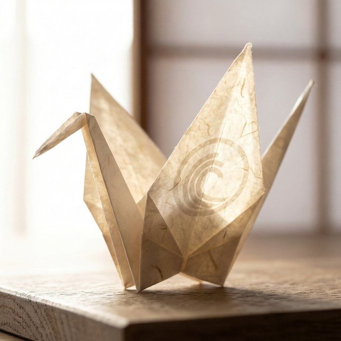 An intricately folded origami crane crafted from textured, beige paper resting on a wooden surface in soft lighting.