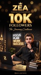 A promotional graphic celebrating 'ZEA TRANSPARENT MARKETING' reaching 10K followers, featuring a 3D character at a laptop with text reading 'THE Journey Continues' and 'FOCUS PLAY WORK SUCCESS'.