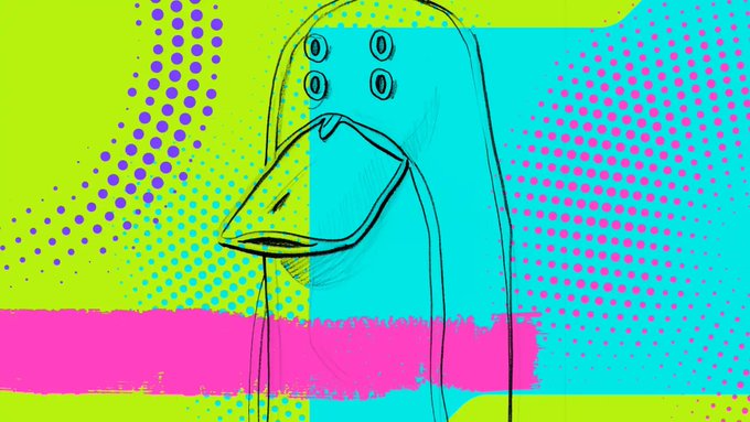 A pop-art style illustration features a simple line-drawn bird-like figure with four oval eyes, set against a vibrant background of neon yellow, cyan, and magenta with halftone dot patterns. The bold, meme-like aesthetic visually complements the post about ZachXBT's charitable donation of over $41,000 from sold memecoins to charity, capturing the playful, attention-grabbing spirit of crypto meme culture while highlighting the positive outcome.