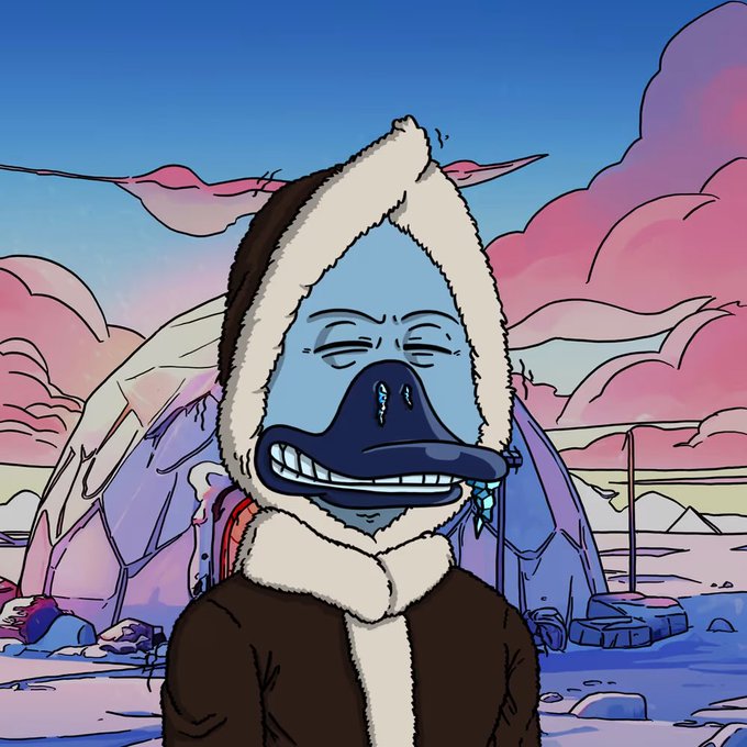 An illustrated portrait of a smiling cartoon character with a duck-like bill wearing a fur-lined hooded parka, set in a pastel arctic landscape with pink clouds.