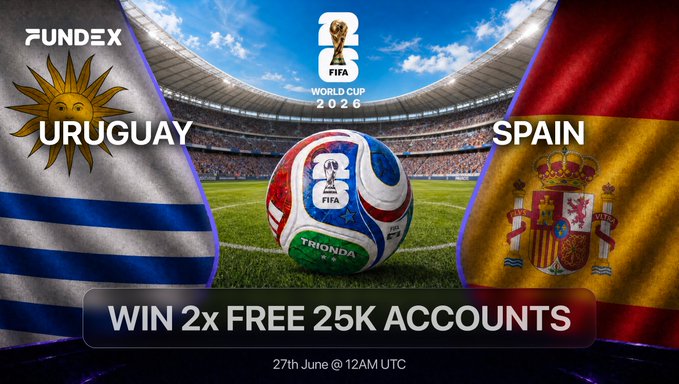 A promotional graphic for a Fundex World Cup 2026 giveaway, featuring the Uruguay and Spain national flags flanking a Trionda FIFA soccer ball, with text reading "Uruguay vs Spain," "WIN 2x FREE 25K ACCOUNTS," and a deadline of "27th June @ 12AM UTC."