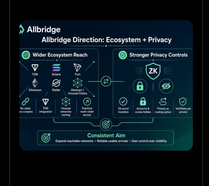 The image is an infographic titled "Allbridge Direction: Ecosystem + Privacy," outlining the platform's roadmap across two pillars: "Wider Ecosystem Reach" (featuring TON, Solana, Tron, Ethereum, Stellar, and Abstract/Unusual Chains) and "Stronger Privacy Controls" (highlighting ZK-proof transfers, hidden amounts/routes, privacy-as-routing, and verifiable yet private transactions), unified by a "Consistent Aim" of expanding reachable networks with reliable arrivals and user-controlled visibility.