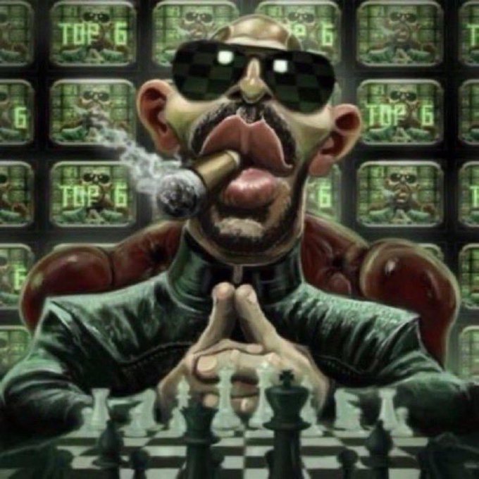 A caricature of a man wearing pixelated sunglasses and smoking a cigar, with 'TOP 6' displayed on TV screens in the background.