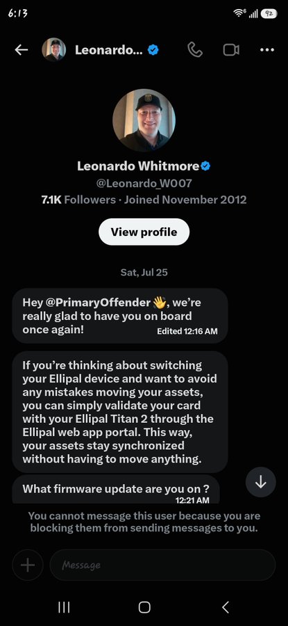 The image shows a DM conversation from verified user "Leonardo Whitmore" (@Leonardo_W007) with 7.1K followers, who is messaging someone named "PrimaryOffender" about switching Ellipal Titan 2 devices and validating their card. This relates to the post by serving as an example of a scam message targeting XRP holders, using a misleading verified account to lure crypto users into sharing card details under the guise of device support.