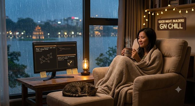 A woman wrapped in a beige blanket sits in a chair holding a mug in a cozy room with a rainy window view; a sign reads 'GOOD NIGHT, BUILDERS GN CHILL' and a cat sleeps nearby.