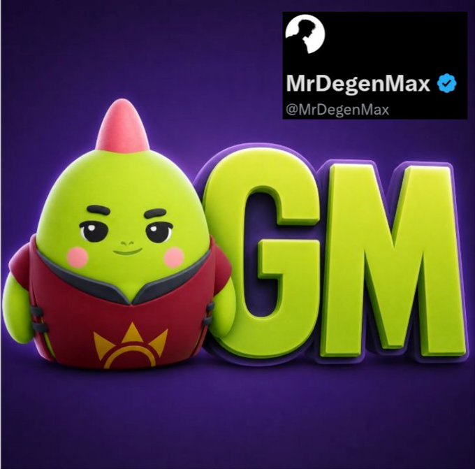 The image features a green toy figure with a red shirt, sitting next to the word "GEM" written in yellow letters. The toy figure appears to be smiling at the camera, giving off an impression of happiness or excitement. The background is purple, which contrasts nicely with the green and red colors of the toy figure and the word "GEM". The image also contains a Twitter post from Mr. DegenMax, who has tagged the toy figure in his post. This adds a social aspect to the image, as it seems that the toy figure might be related to or associated with Mr. DegenMax's online presence.