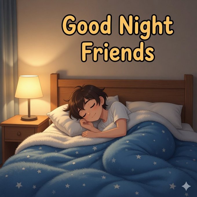 The image features a cartoon boy sleeping peacefully on a bed with blue sheets. The caption above him reads "Good Night Friends" which is written in yellow text, and below him there's an image of a lamp. The image also includes a link to a cryptocurrency project called @FIH_USD1 that rewards contributors for their valuable input.