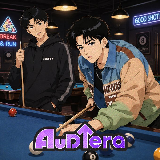 Anime-style illustration of two young men playing pool, with one holding a cue stick wearing a 'CHAMPION' hoodie and the other aiming a shot in a colorful jacket, with 'AudTera' text overlaid.