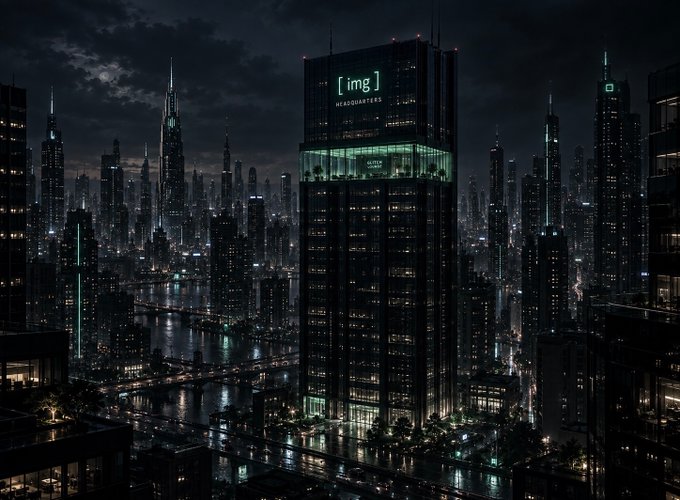 A nighttime cityscape showcases a prominent skyscraper labeled '[ img ] HEADQUARTERS' towering over a river reflecting city lights.