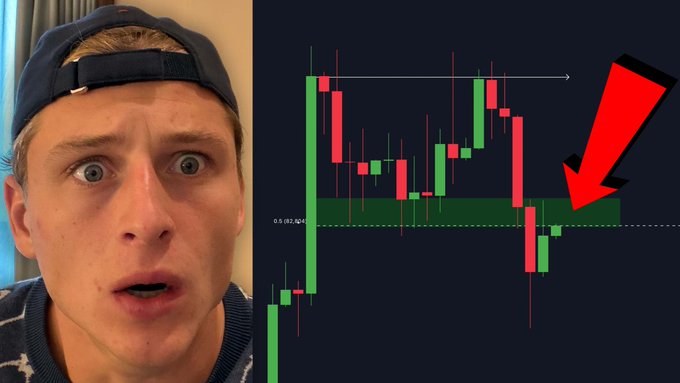 A man wearing a backwards cap reacts with a shocked expression next to a Bitcoin candlestick chart, where a red arrow highlights price action testing a key 0.5 retracement support level near $82,624, emphasizing the urgent crypto market moment referenced in the post.