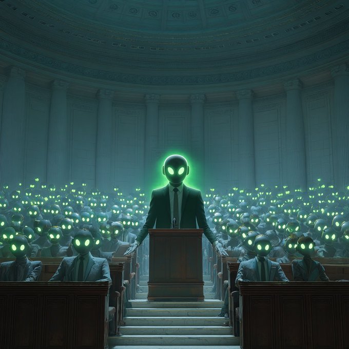 A surreal digital artwork of a figure in a suit with a glowing green skull-like face standing at a podium in a grand hall, surrounded by rows of seated figures with similar glowing green faces.