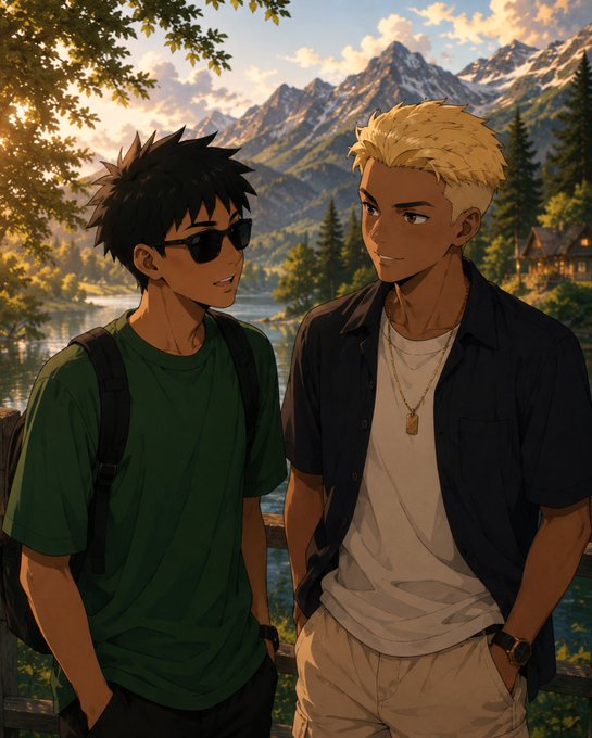 An anime-style illustration of two young men, one with dark hair and sunglasses in a green shirt and the other with blonde hair in a dark shirt, standing against a scenic mountain and lake backdrop.