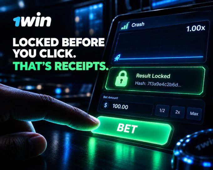 A promotional graphic for '1win' features the text 'LOCKED BEFORE YOU CLICK. THAT'S RECEIPTS.' next to a smartphone screen displaying a 'Crash' game interface with a 'Result Locked' notification and a green 'BET' button.