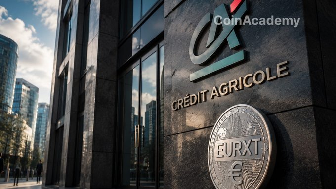The image shows the Crédit Agricole bank facade with a stylized EURXT euro stablecoin emblem, visually representing the bank's launch of its new euro-denominated stablecoin. The CoinAcademy watermark and the EURXT logo tie directly to the announcement of Crédit Agricole issuing the EURXT stablecoin on Ethereum through CACEIS for use with Amundi's tokenized fund.