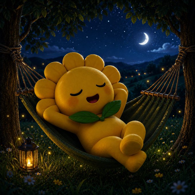 A cheerful sunflower-like plush character naps peacefully in a hammock under a starry night sky, surrounded by glowing fireflies and a lantern, perfectly capturing the "touch grass" message of unwinding outdoors and reconnecting with nature.
