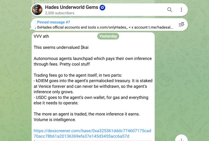 A Telegram post from the "Hades Underworld Gems" channel (2,300 subscribers) discusses $kai as an undervalmed "Autonomous agents launchpad" where trading fees fund the agent's own inference through kDIEM and USDC, linking to a dexscreener page, which contextualizes the accompanying hype about $KAI's surge from a $400K to $2M market cap on Base.