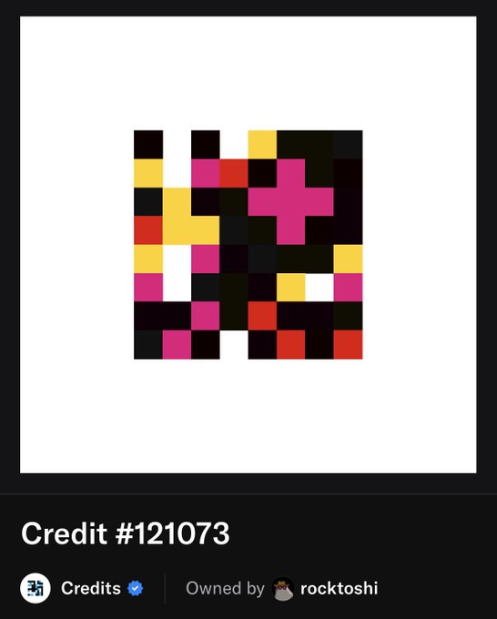 A pixelated digital artwork displaying an abstract composition of yellow, pink, red, black, and white squares, credited to user 'rocktoshi' with Credit #121073.