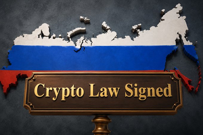 A 3D rendering of the Russian Federation map colored in the Russian flag (white, blue, red) with a wooden plaque sign reading 'Crypto Law Signed'.
