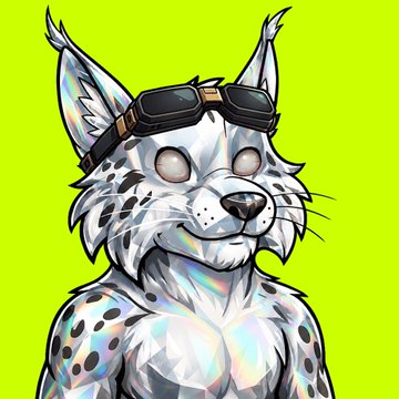 A digital illustration of a white spotted lynx or bobcat wearing dark goggles on its head, set against a bright green-yellow background.