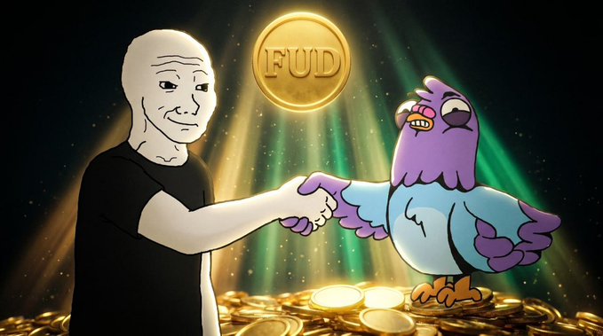 The image features a man shaking hands with a cartoon pigeon, both of them standing next to each other. The background of the image shows a large amount of money scattered around them, indicating that they are at an auction or a similar event related to cryptocurrency. The caption of the image reads "兄弟们，我刚在 @FUDmarkets 刷了半天，彻底上头了。懂了队中移动了嘴炮".