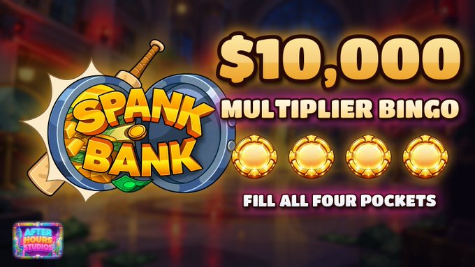 A promotional graphic for a slot game called 'Spank Bank' offering a $10,000 multiplier bingo bonus for filling all four pockets, with an 'After Hours Studio' logo.