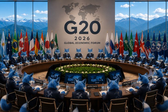 The image shows a surreal G20 Global Economic Forum 2026 summit, where world leaders have been replaced by blue-furred anthropomorphic figures seated around a circular table beneath a large "G20 2026 GLOBAL ECONOMIC FORUM" banner. The accompanying text discusses the G20's updated phrasing regarding crypto assets in their Chair's Statement, contextualizing this AI-generated satire of international economic governance.