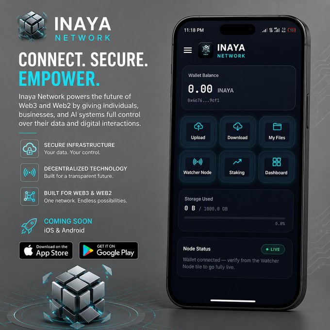 A promotional graphic for "INAYA NETWORK" featuring the tagline "CONNECT. SECURE. EMPOWER." showcases a mobile app interface displaying a wallet balance of 0.00 INAYA, a 1,000.0 GB storage capacity, and navigation options like Upload, Download, and Staking, while highlighting features such as secure infrastructure, decentralized technology, and upcoming iOS and Android availability. The image reinforces the post's message by presenting Inaya Network as a practical Web3 platform rather than just a speculative token.