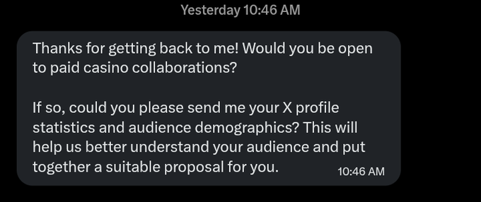 A text message screenshot from 'Yesterday 10:46 AM' asking about paid casino collaborations and requesting X profile statistics and audience demographics.