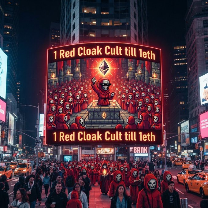 A pixel art scene depicting a "1 Red Cloak Cult till 1eth" billboard in Times Square with hooded figures gathering in the street below.