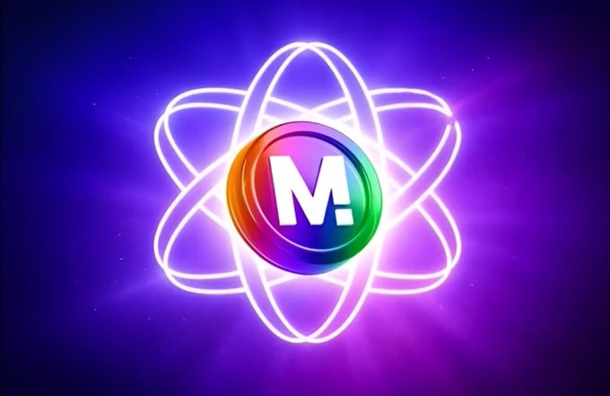 A glowing neon logo featuring a rainbow-colored 'M' orb encircled by atom-like orbital rings against a purple cosmic background.