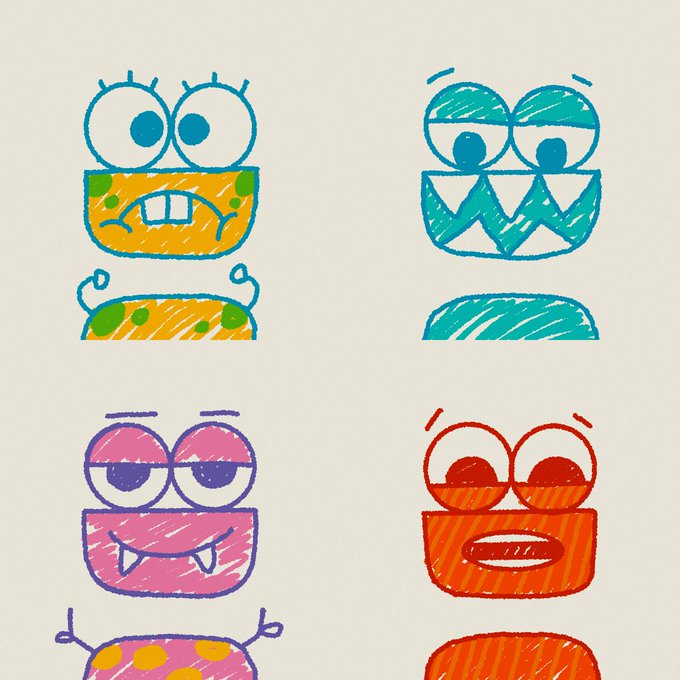 Hand-drawn illustration of four colorful monster faces in a 2x2 grid featuring yellow, teal, pink, and orange characters with expressive eyes and teeth.