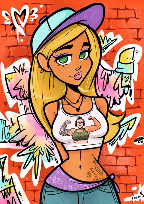 A cartoon illustration features a blonde girl wearing a graphic tank top, posed against a colorful graffiti-covered brick wall background.