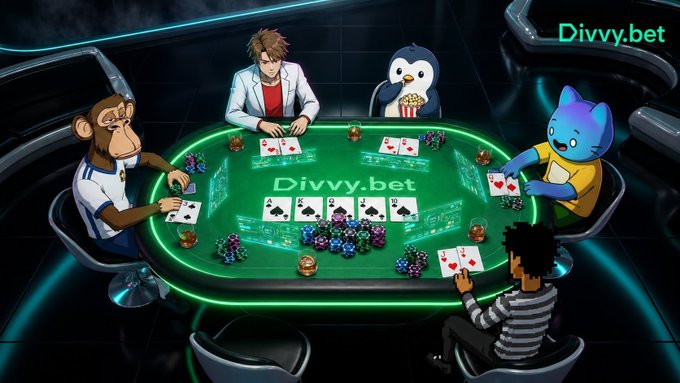 An anime-style illustration depicts various characters including a monkey, a person in a suit, a penguin, a blue cat, and a person at a green poker table branded 'Divvy.bet,' playing cards with chips scattered on the table.