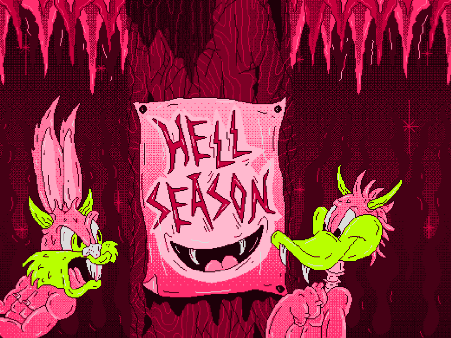 A pixel art image featuring a pink poster that reads 'HELL SEASON' with a sinister smiling face, flanked by two demonic creatures in a dark, cavernous setting with dripping stalactites.