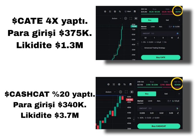 The image displays crypto trading charts and data for $CATE and $CASHCAT, illustrating their price movements, net volume, and liquidity as mentioned in the accompanying post.