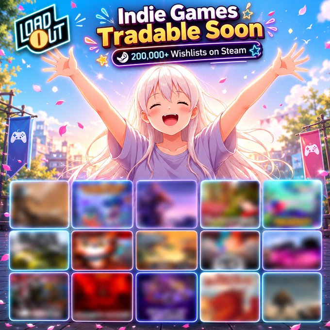 A vibrant anime-style promotional image for 'Loadout' advertising 'Indie Games Tradable Soon' with '200,000+ Wishlists on Steam' above a grid of blurred game thumbnails.