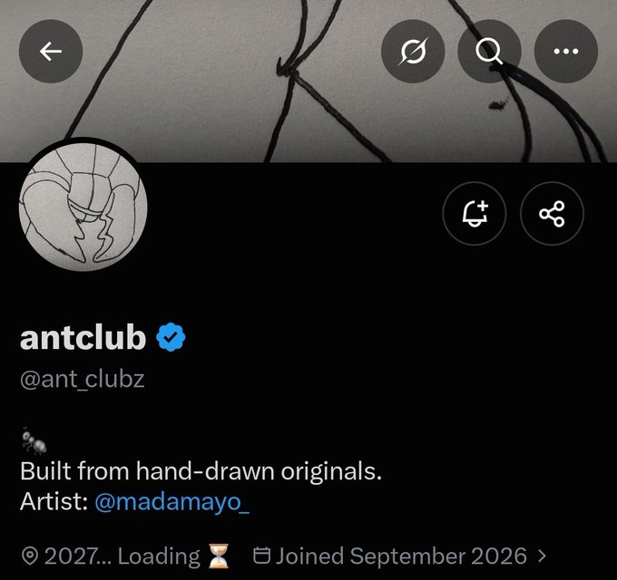 A screenshot of the X (Twitter) profile for "antclub" (@ant_clubz), a verified account featuring a hand-drawn ant logo, with the bio reading "Built from hand-drawn originals. Artist: @madamayo_".