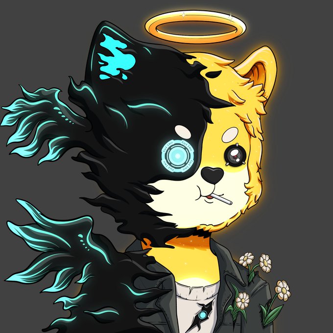 The image features a cartoon cat with blue eyes, black fur, and wings. It has a white collar around its neck and is wearing a jacket. The cat appears to be holding flowers in its mouth. The background of the image is dark gray, which contrasts with the colorful elements on the cat's face and body.