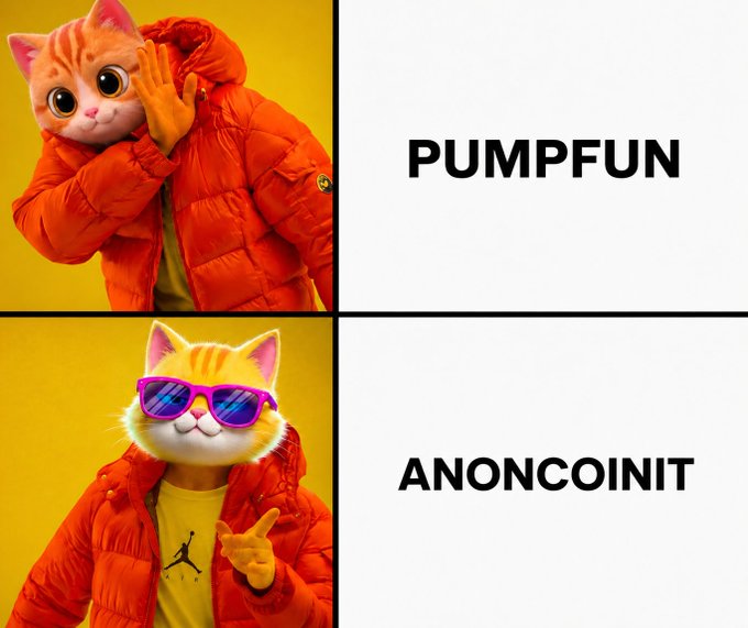 The image shows two cartoon cats wearing sunglasses and a red jacket with the word "PumpFun" written above them, as well as the words "anoncoinit" below them. The cats are positioned side by side, with one cat on top of the other. The text in the image is related to the post about anoncoins or energy vibes, and it seems that the cats are promoting a brand or product associated with this theme.