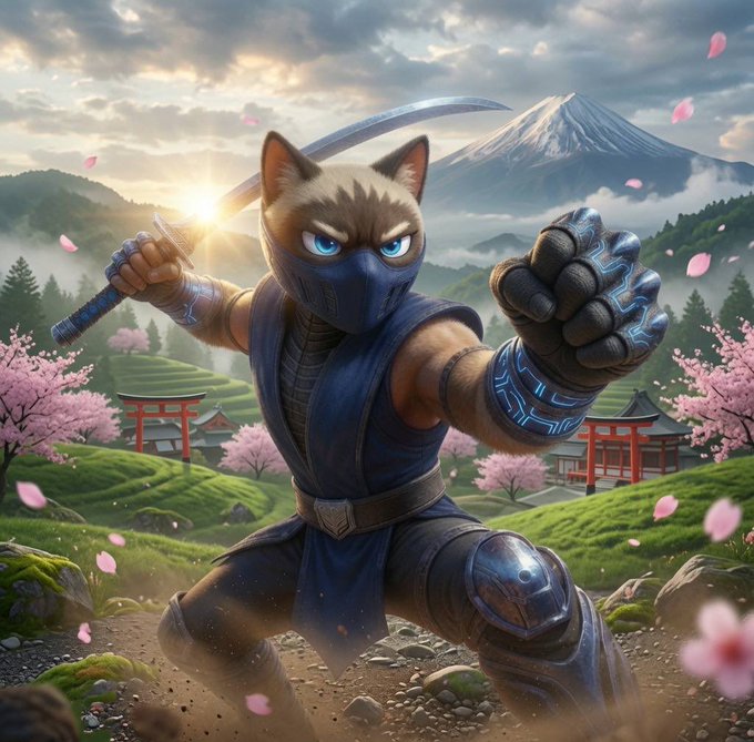 A digital artwork of a cat-like humanoid ninja warrior wielding a sword, with glowing blue eyes and a clenched fist, set against a backdrop of Mt. Fuji, cherry blossoms, and traditional Japanese architecture.