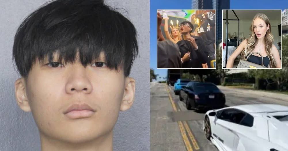 A composite news image shows a mugshot of a young Asian male on the left, alongside three smaller images on the right depicting a crowd, a blonde woman, and a traffic scene with luxury cars.