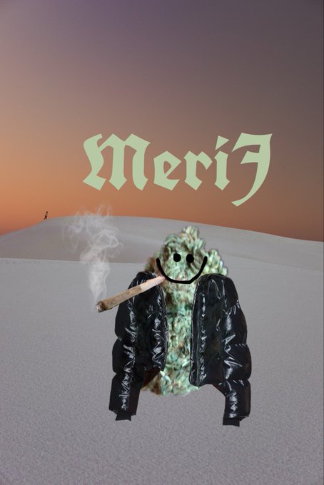 An artistic edit showing a green textured figure in a black puffer jacket smoking a cigar against a desert sunset backdrop, with the word 'Merih' in stylized gothic green text.